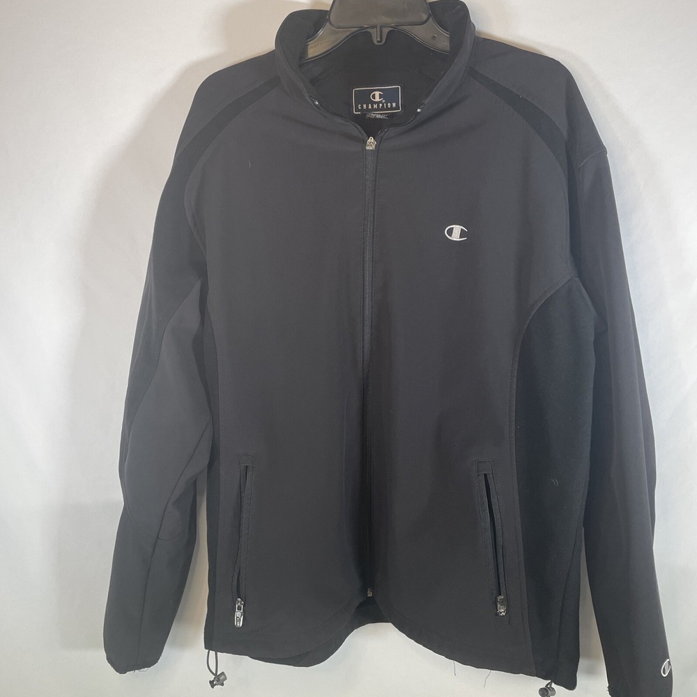 Champion Men's Vintage Retro Black Fleece Poly Full Zip Jacket | Medium